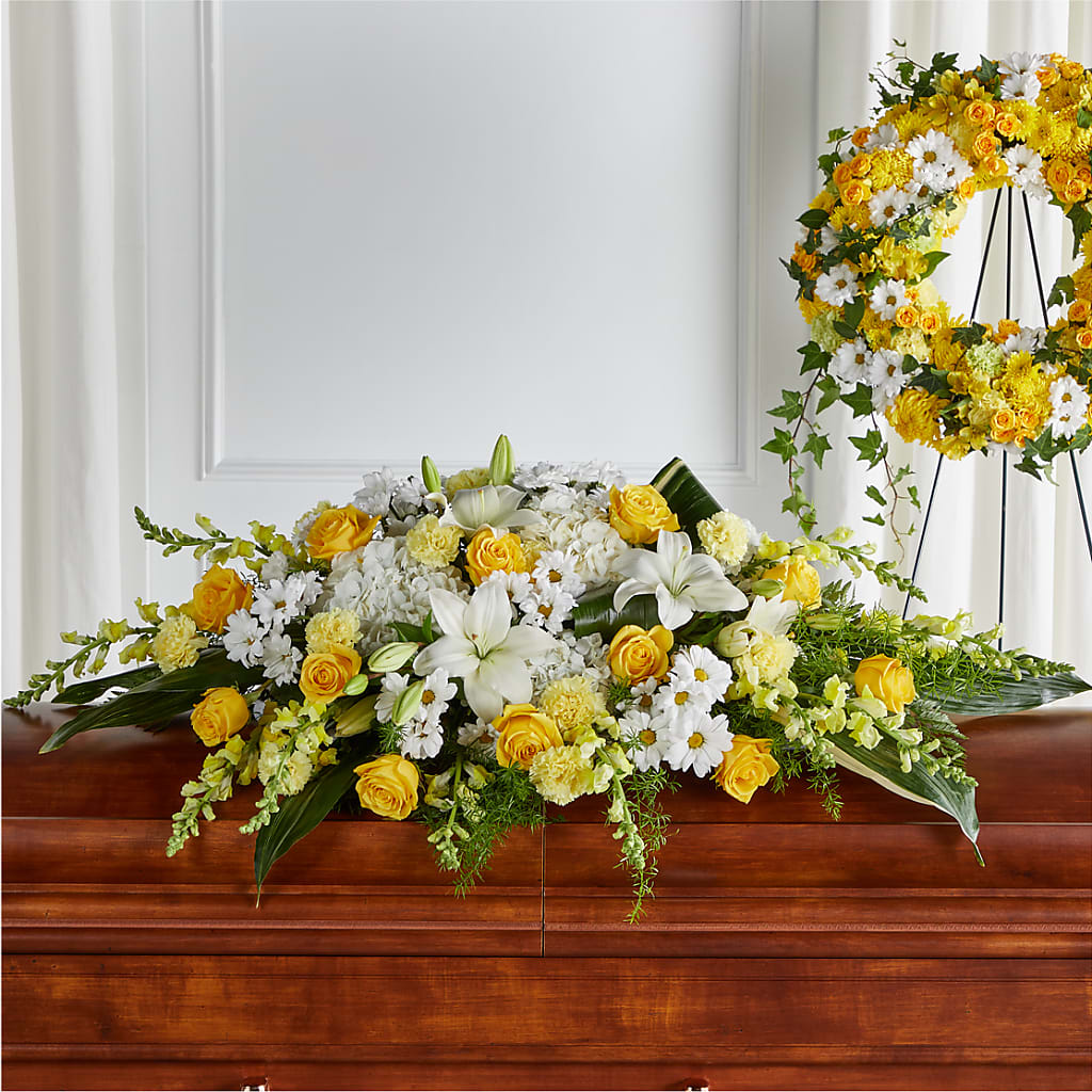 Golden Harmony Casket Spray – Woodbury Flowers, Woodbury GA