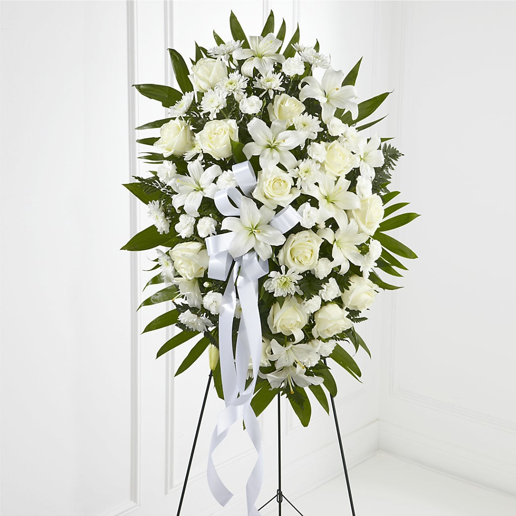 Exquisite Tribute Standing Spray-White Ribbon – Woodbury Flowers, Woodbury GA