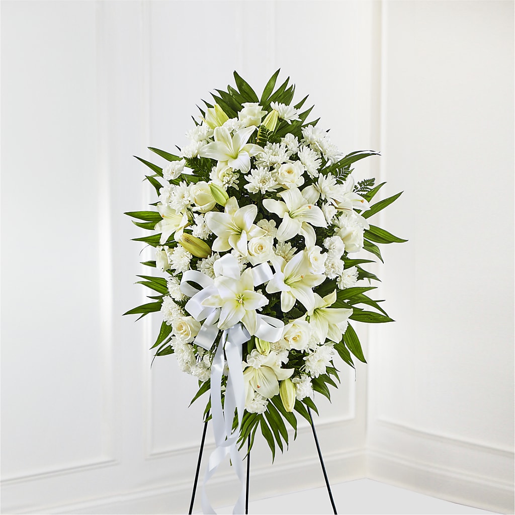 Exquisite Tribute Standing Spray-White Ribbon – Woodbury Flowers, Woodbury GA